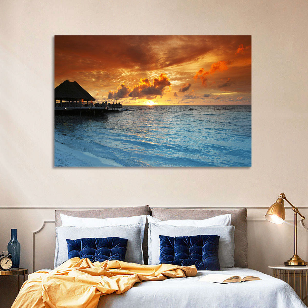 Overwater Bungalow Sunset Pier Wall Art in a room, landscape