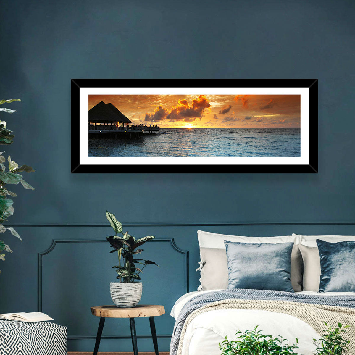 Overwater Bungalow Sunset Pier Wall Art in a room, landscape