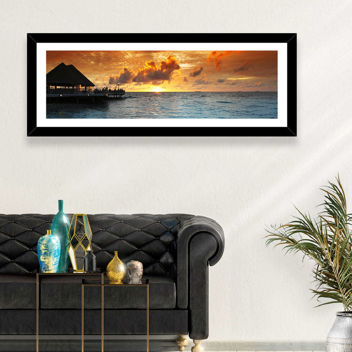 Overwater Bungalow Sunset Pier Wall Art in a room, landscape