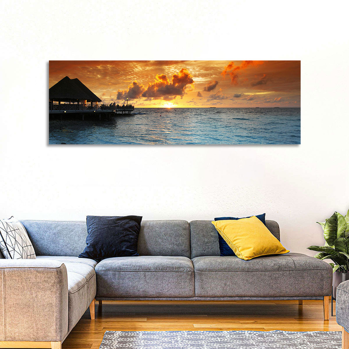 Overwater Bungalow Sunset Pier Wall Art in a room, landscape