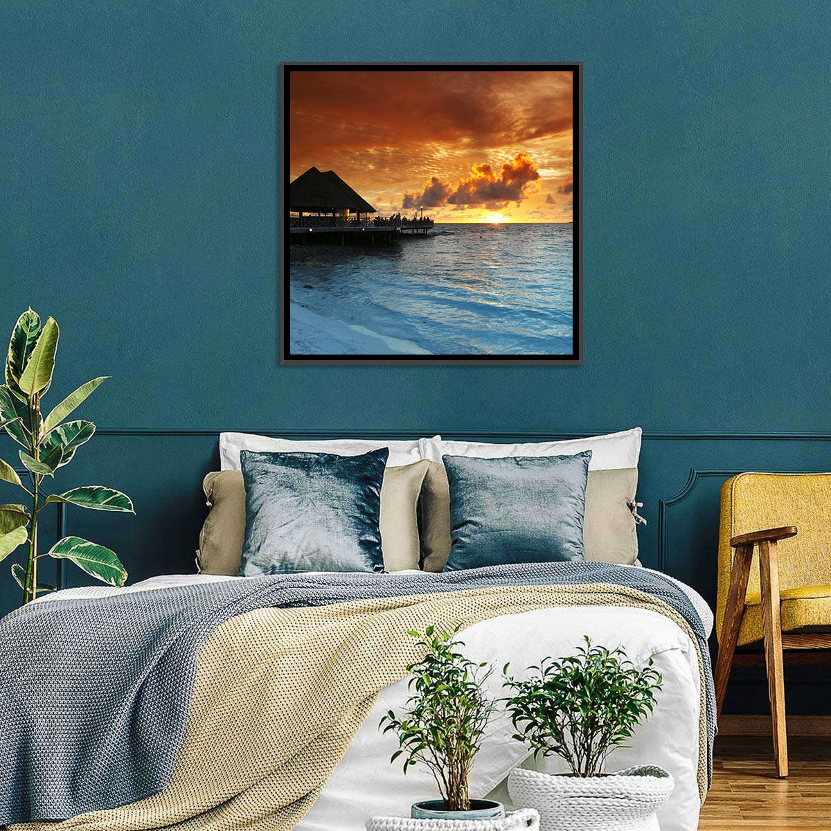Overwater Bungalow Sunset Pier Wall Art
