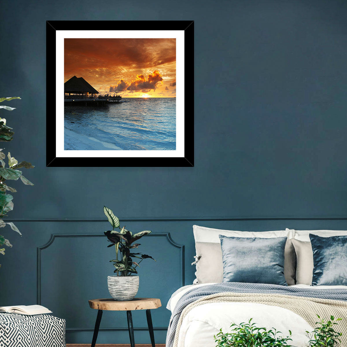 Overwater Bungalow Sunset Pier Wall Art in a room, landscape