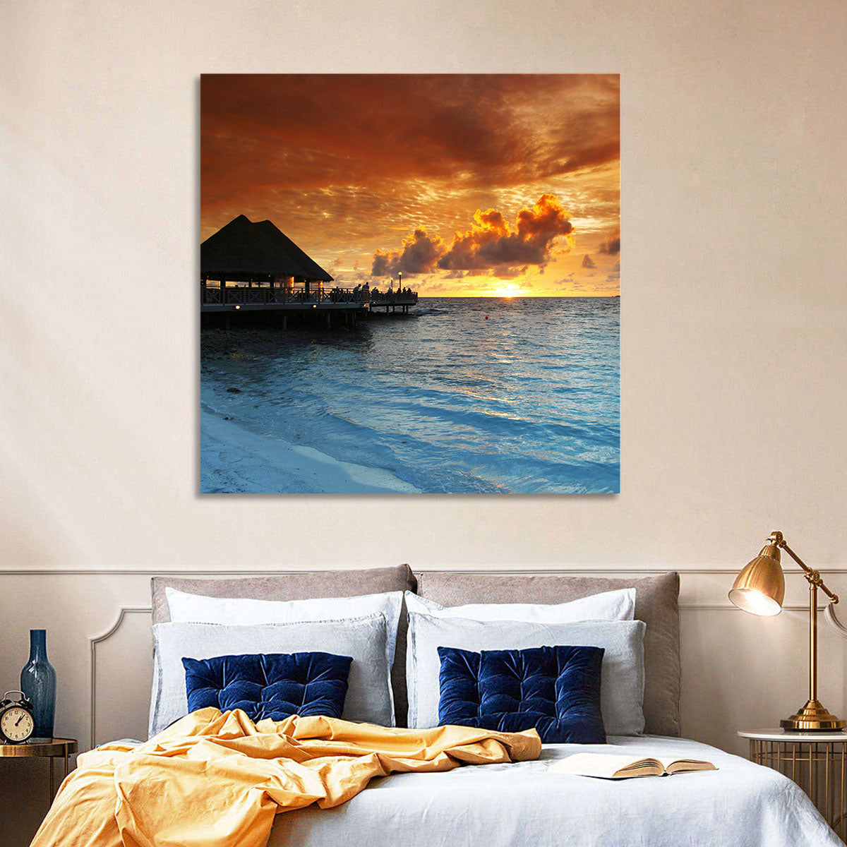 Overwater Bungalow Sunset Pier Wall Art in a room, landscape