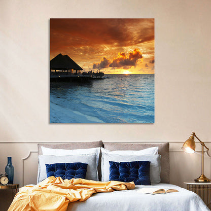 Overwater Bungalow Sunset Pier Wall Art