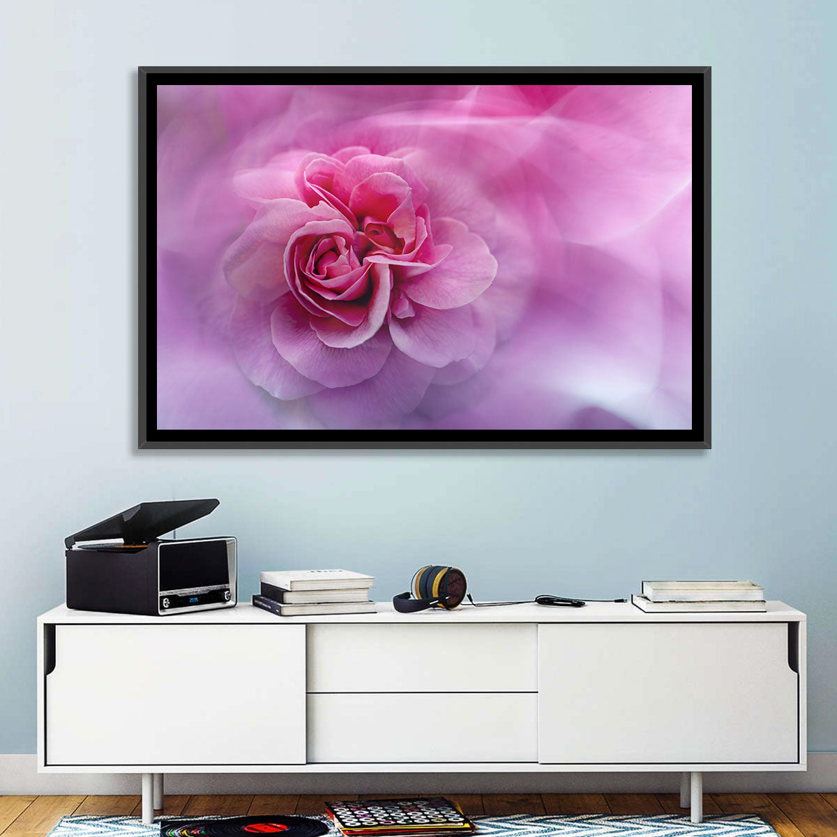 Ethereal Pink Rose Bloom Wall Art in a room, landscape
