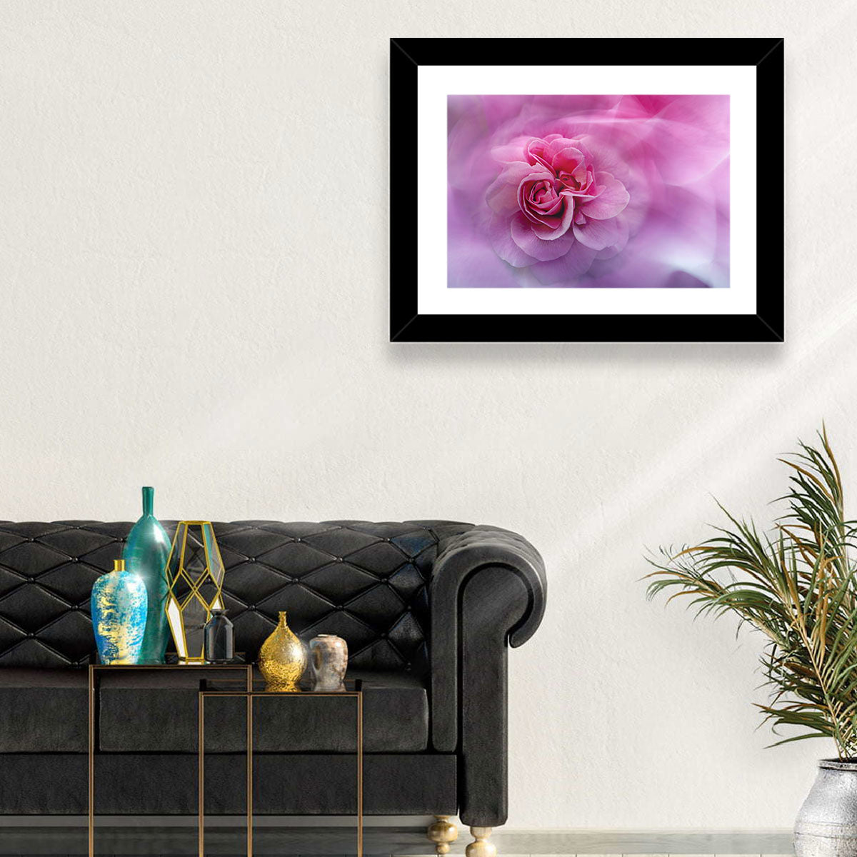 Ethereal Pink Rose Bloom Wall Art in a room, landscape