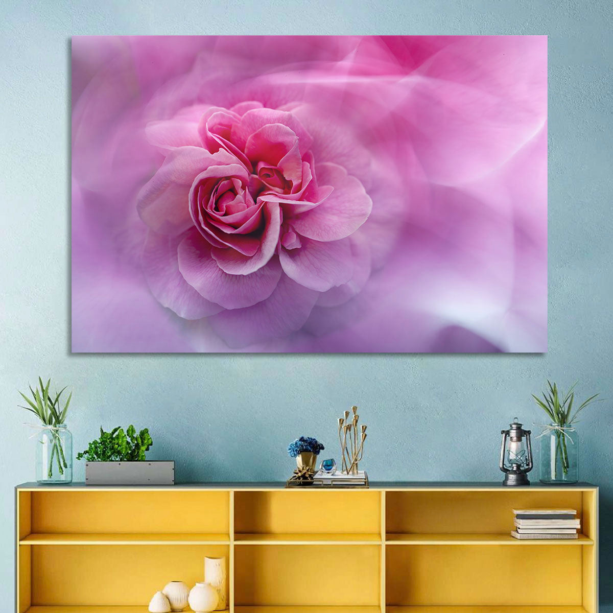 Ethereal Pink Rose Bloom Wall Art in a room, landscape