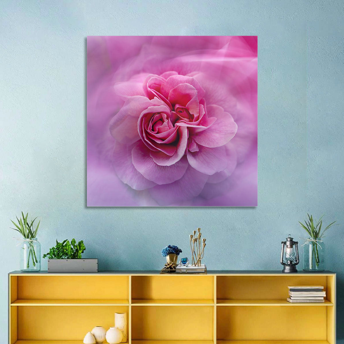 Ethereal Pink Rose Bloom Wall Art in a room, landscape