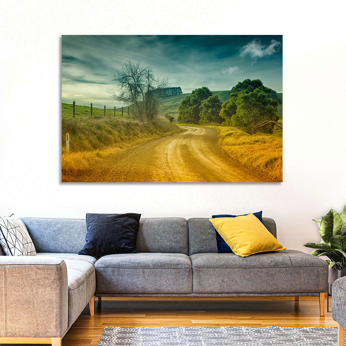 Golden Country Road Wall Art in a room, landscape