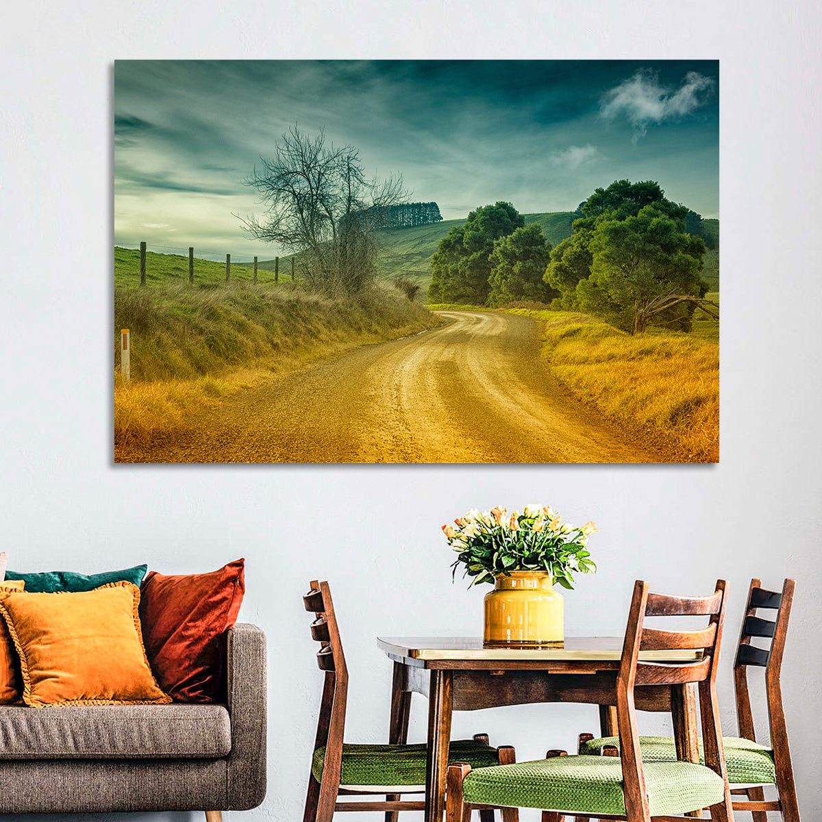 Golden Country Road Wall Art in a room, landscape