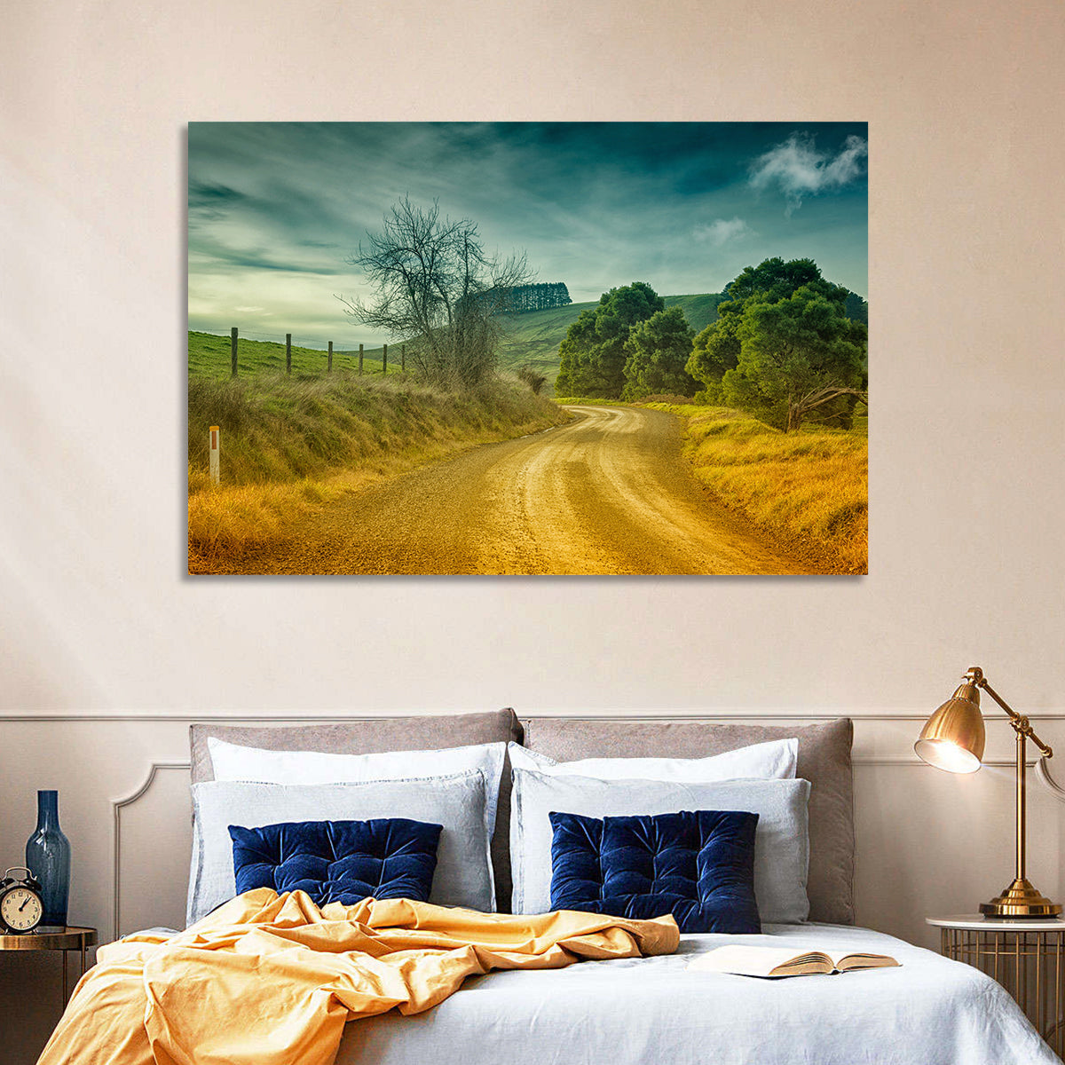 Golden Country Road Wall Art in a room, landscape