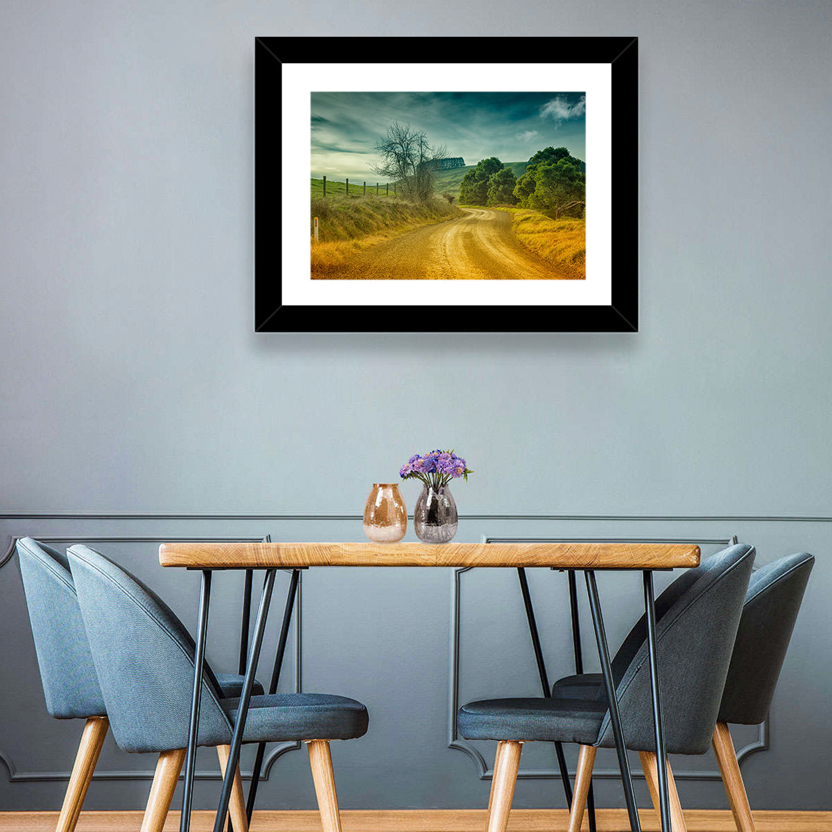 Golden Country Road Wall Art in a room, landscape