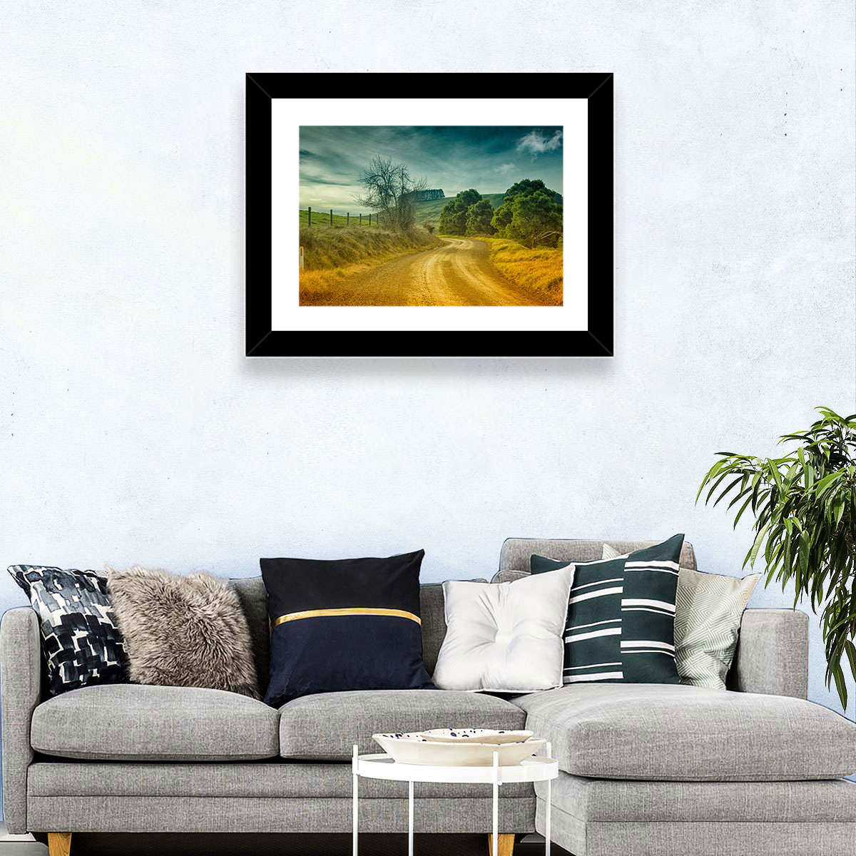 Golden Country Road Wall Art in a room, landscape
