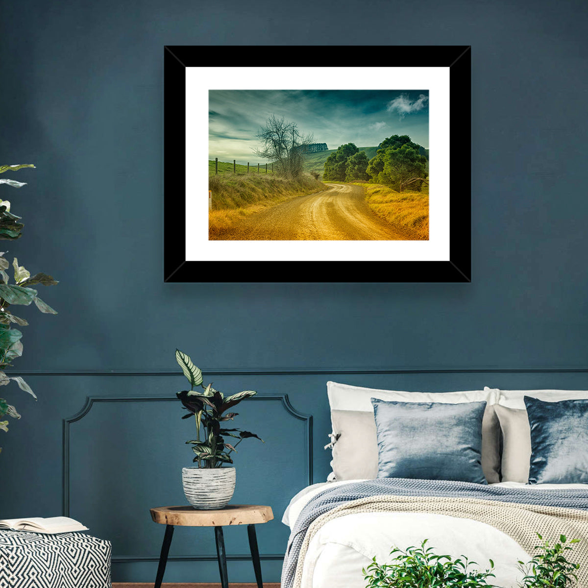 Golden Country Road Wall Art in a room, landscape