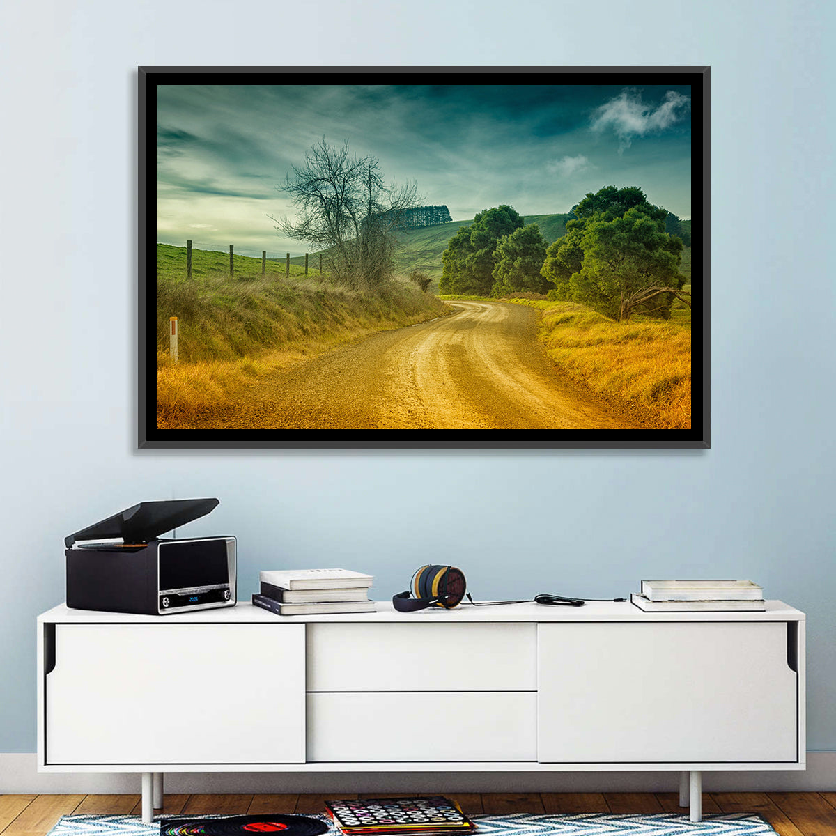 Golden Country Road Wall Art in a room, landscape