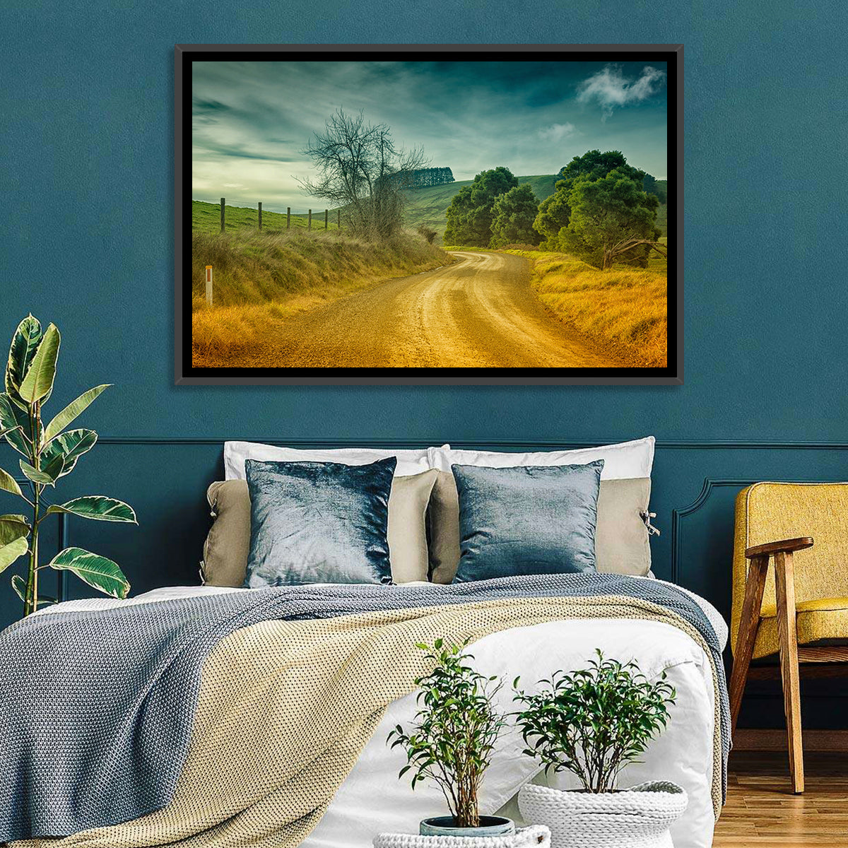 Golden Country Road Wall Art in a room, landscape