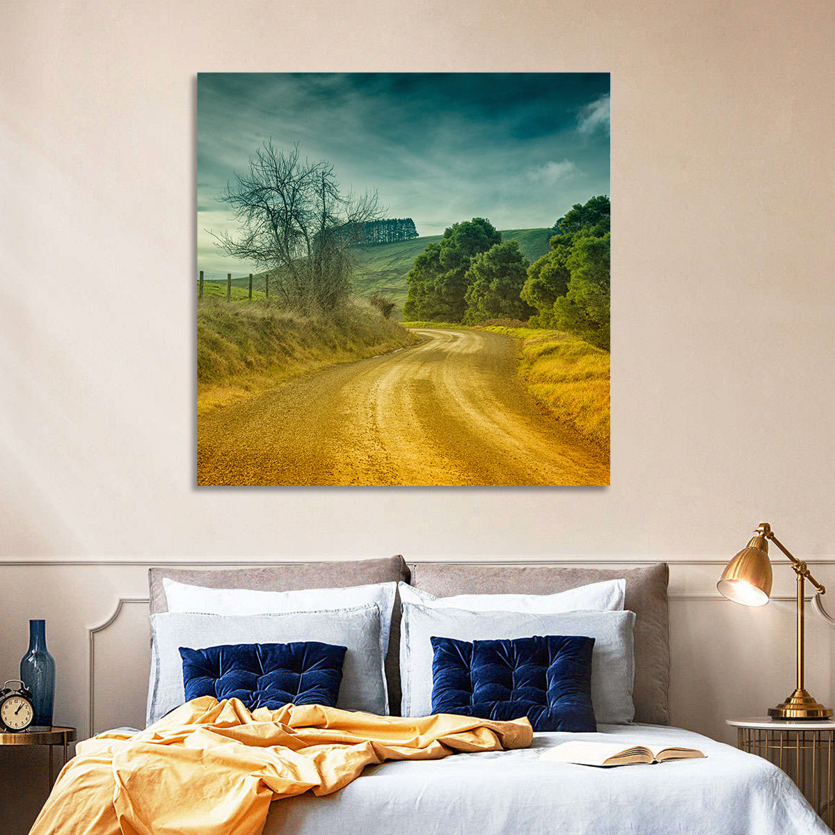 Golden Country Road Wall Art in a room, landscape