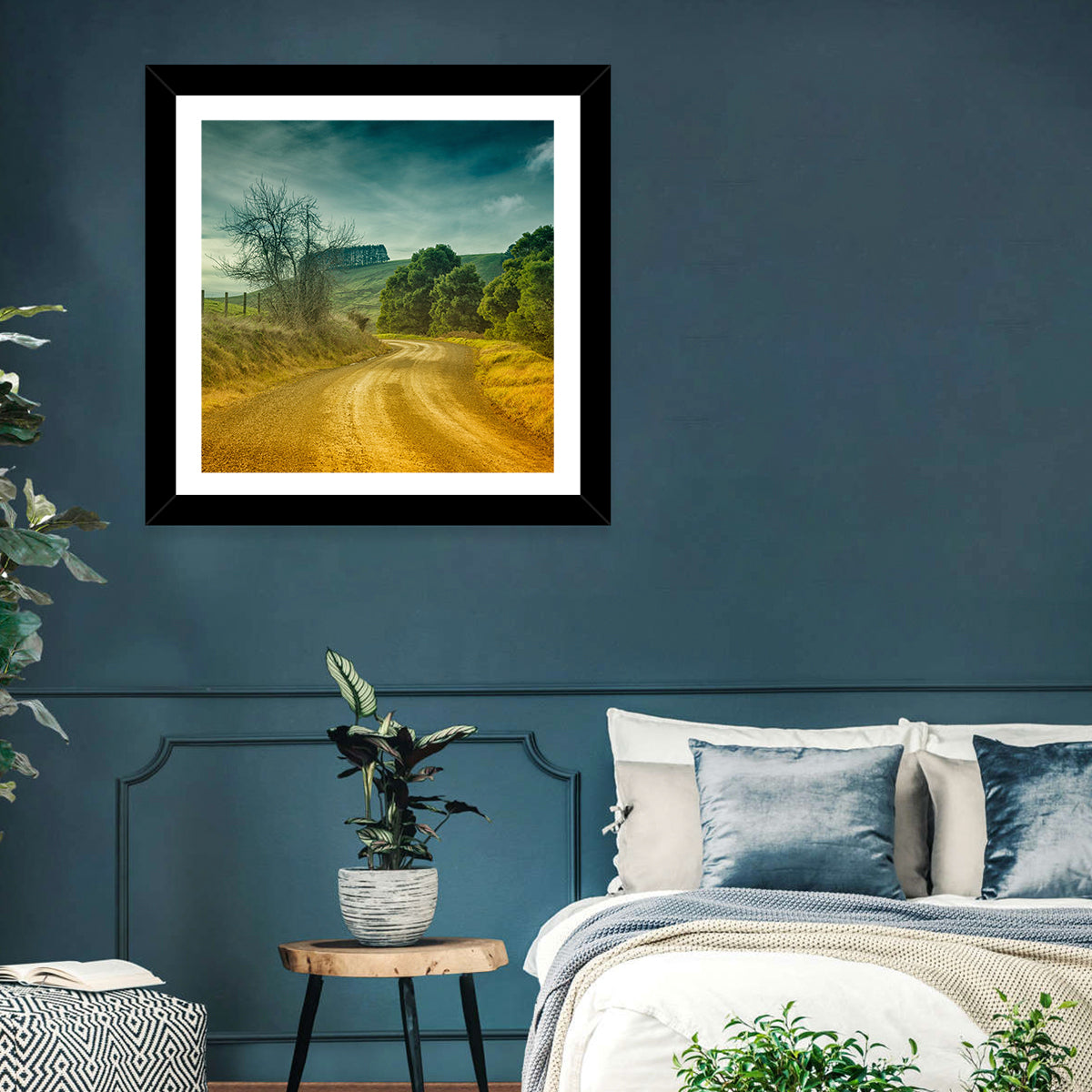 Golden Country Road Wall Art in a room, landscape