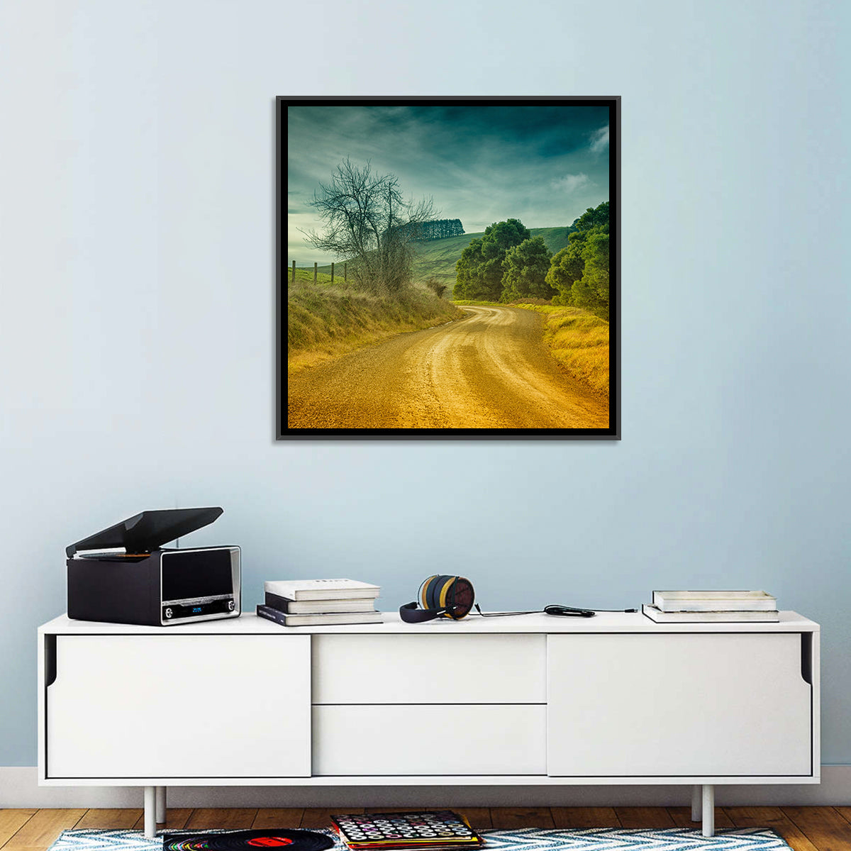 Golden Country Road Wall Art in a room, landscape
