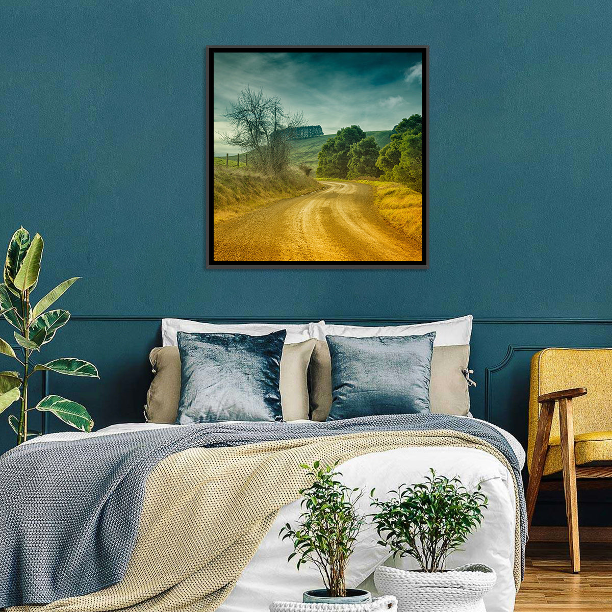 Golden Country Road Wall Art in a room, landscape