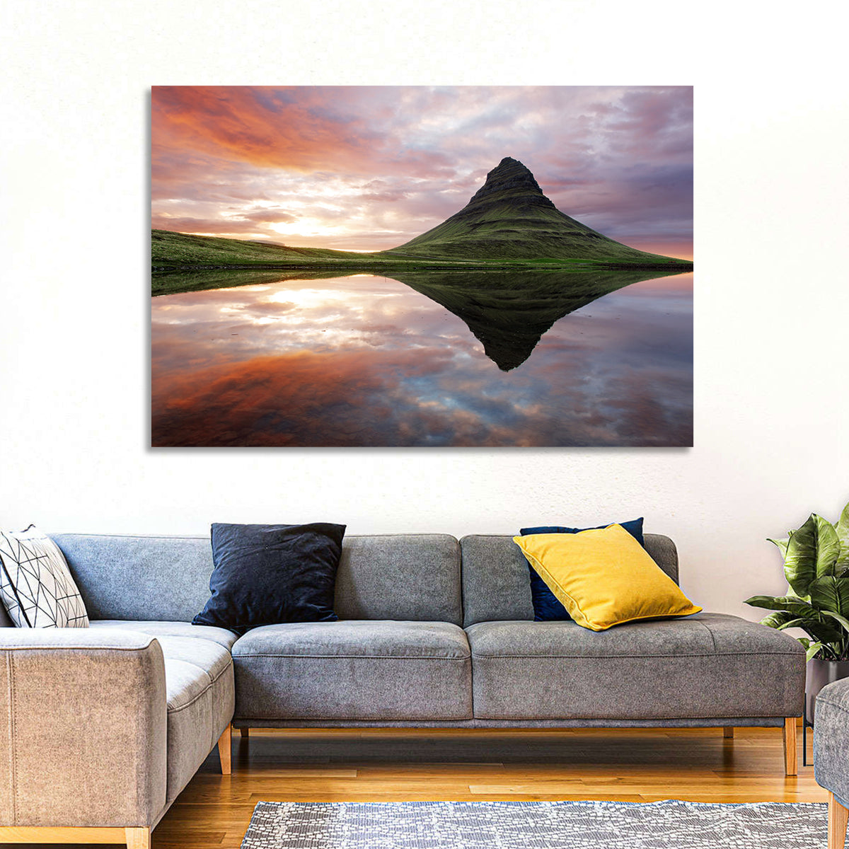 Kirkjufell Sunset Reflection Wall Art in a room, landscape