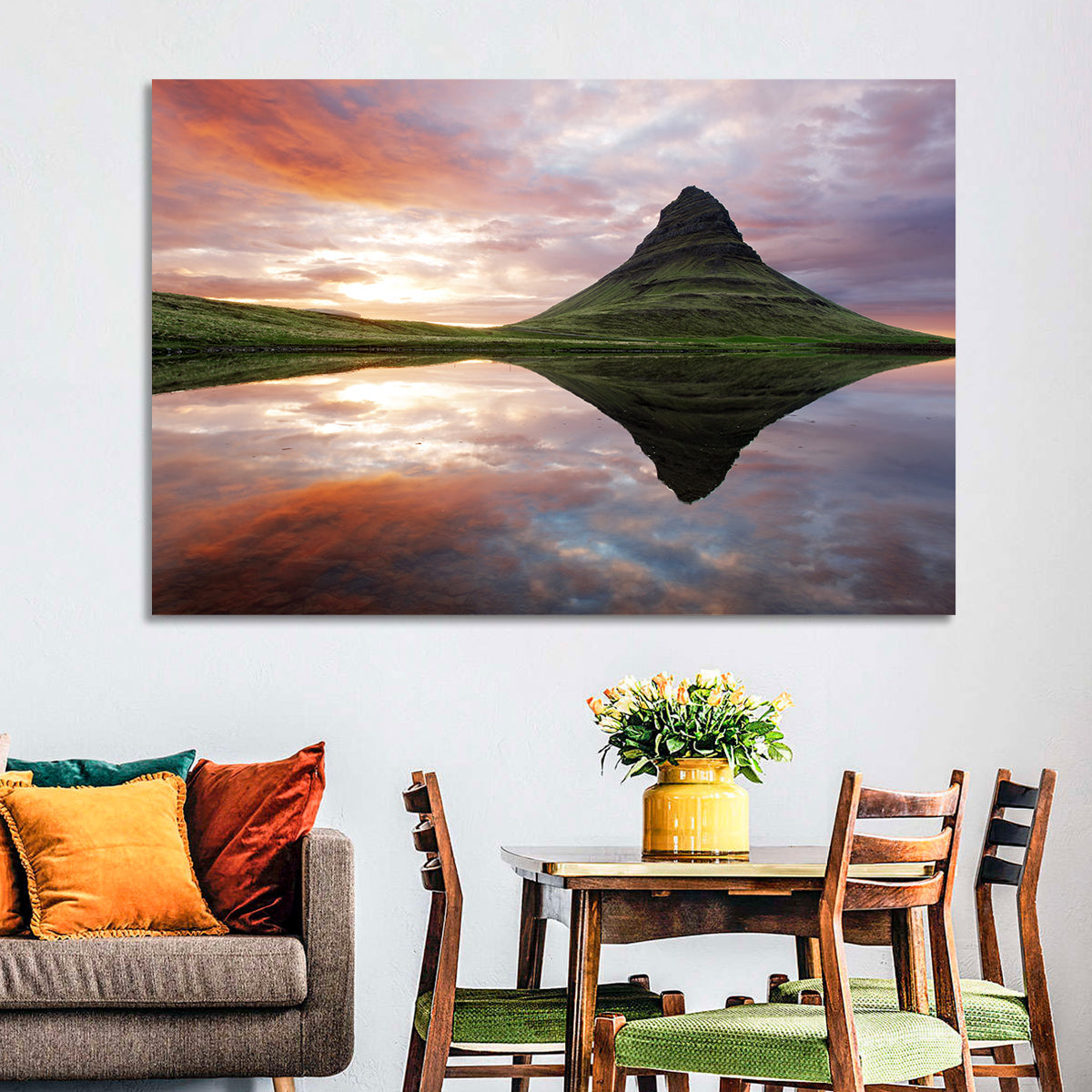 Kirkjufell Sunset Reflection Wall Art in a room, landscape