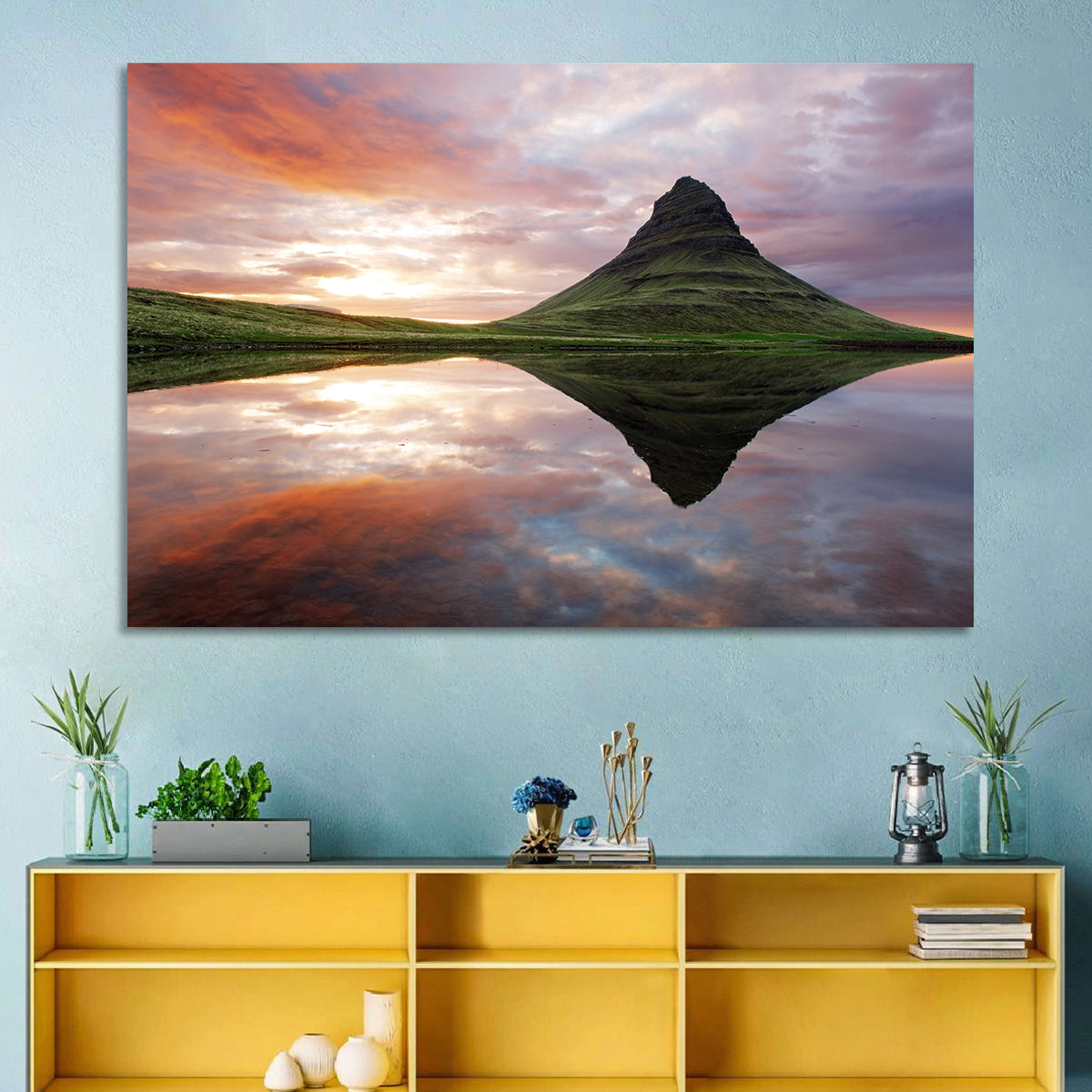 Kirkjufell Sunset Reflection Wall Art in a room, landscape