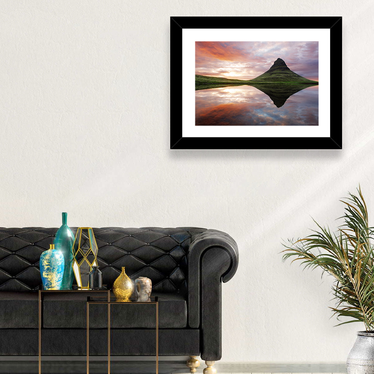 Kirkjufell Sunset Reflection Wall Art in a room, landscape