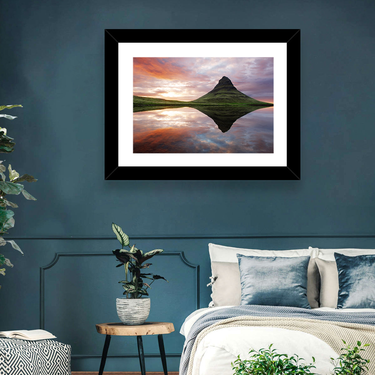 Kirkjufell Sunset Reflection Wall Art in a room, landscape