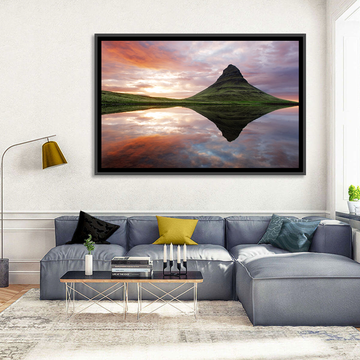 Kirkjufell Sunset Reflection Wall Art in a room, landscape