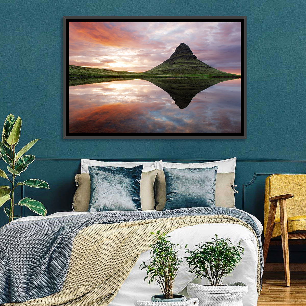 Kirkjufell Sunset Reflection Wall Art in a room, landscape