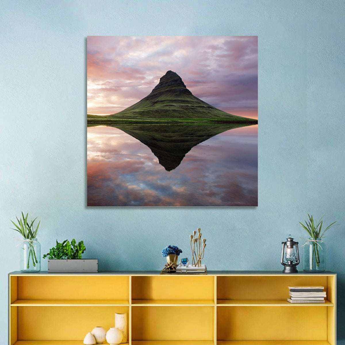 Kirkjufell Sunset Reflection Wall Art in a room, landscape