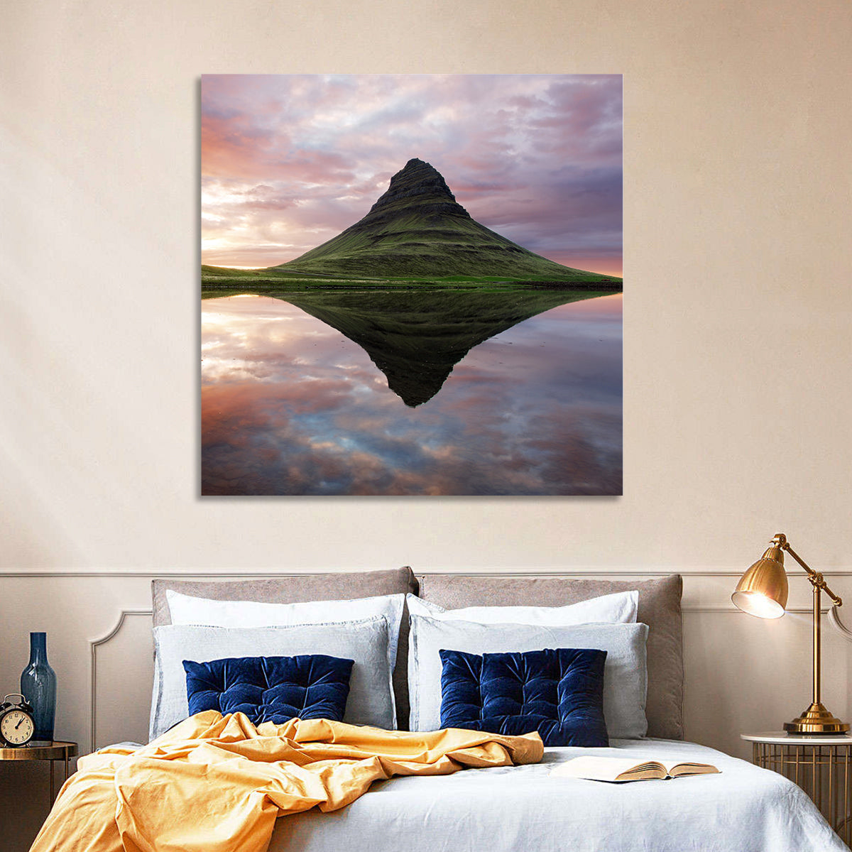 Kirkjufell Sunset Reflection Wall Art in a room, landscape