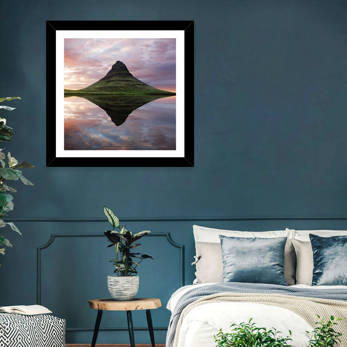 Kirkjufell Sunset Reflection Wall Art in a room, landscape