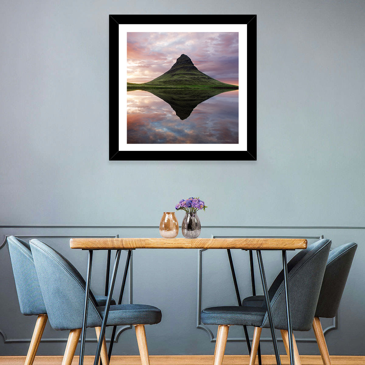 Kirkjufell Sunset Reflection Wall Art in a room, landscape