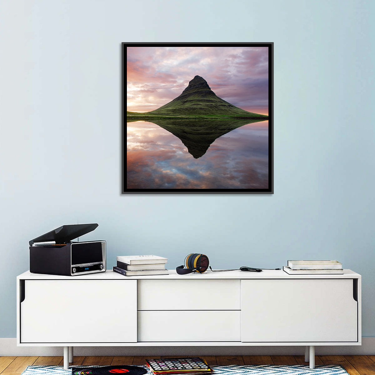 Kirkjufell Sunset Reflection Wall Art in a room, landscape