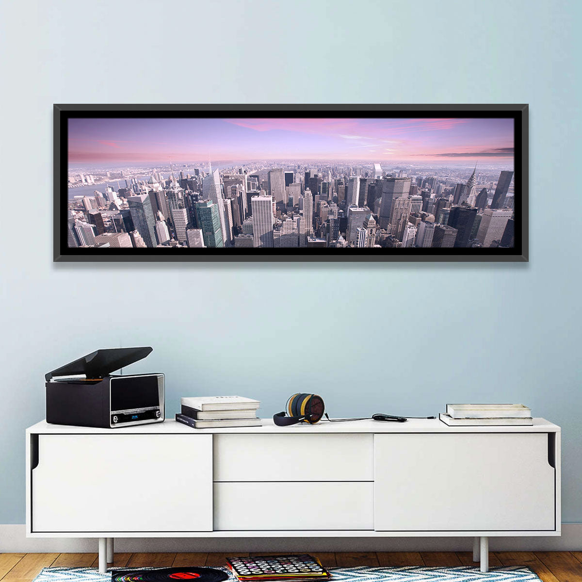 Midtown Manhattan Skyline in Purple Haze Wall Art in a room, panoramic
