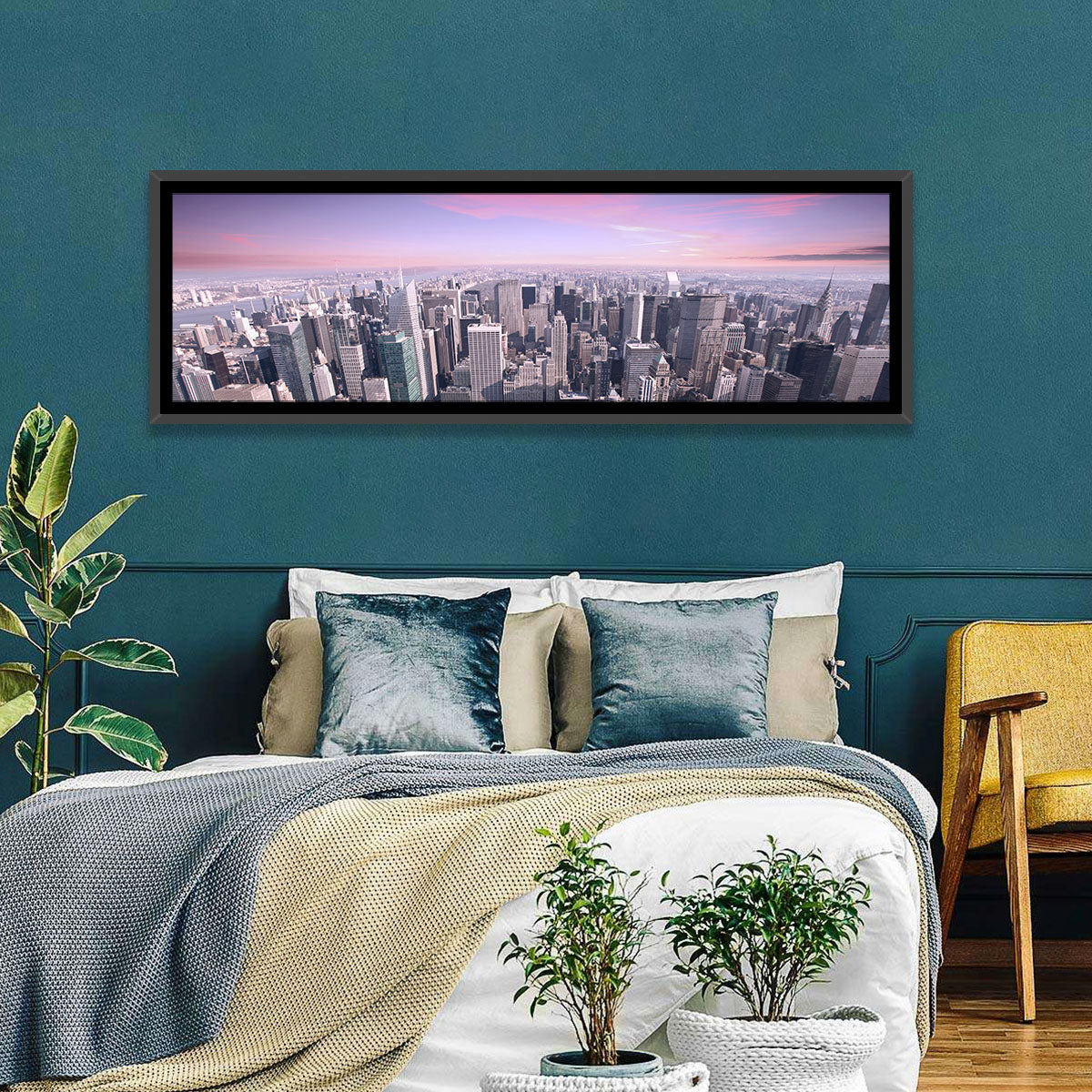 Midtown Manhattan Skyline in Purple Haze Wall Art in a room, panoramic