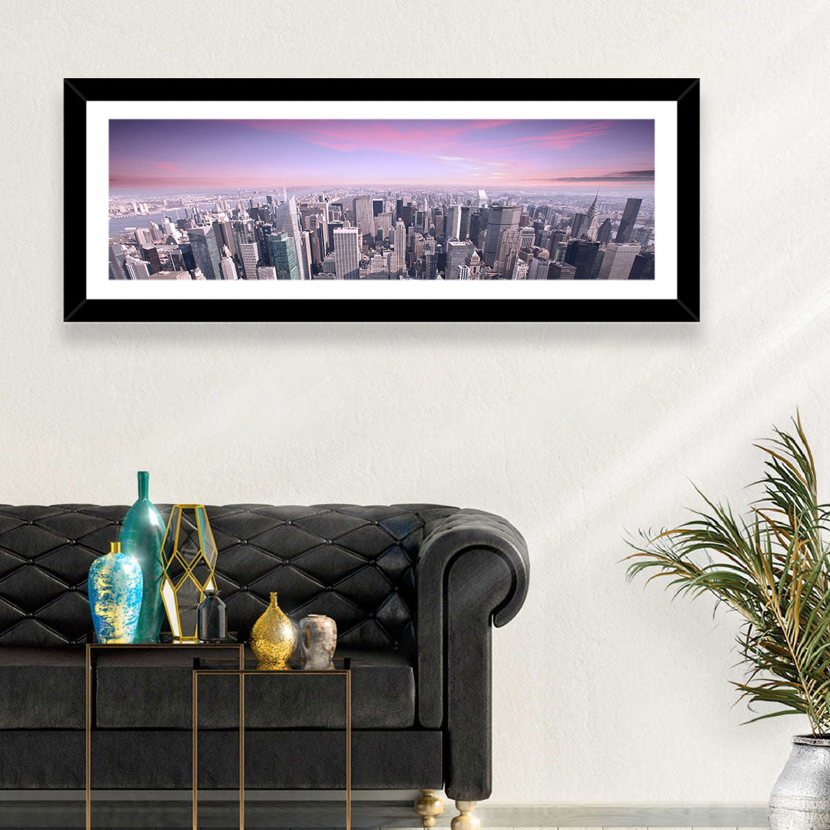 Midtown Manhattan Skyline in Purple Haze Wall Art in a room, panoramic