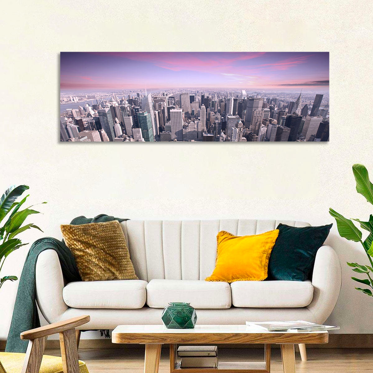 Midtown Manhattan Skyline in Purple Haze Wall Art in a room, panoramic