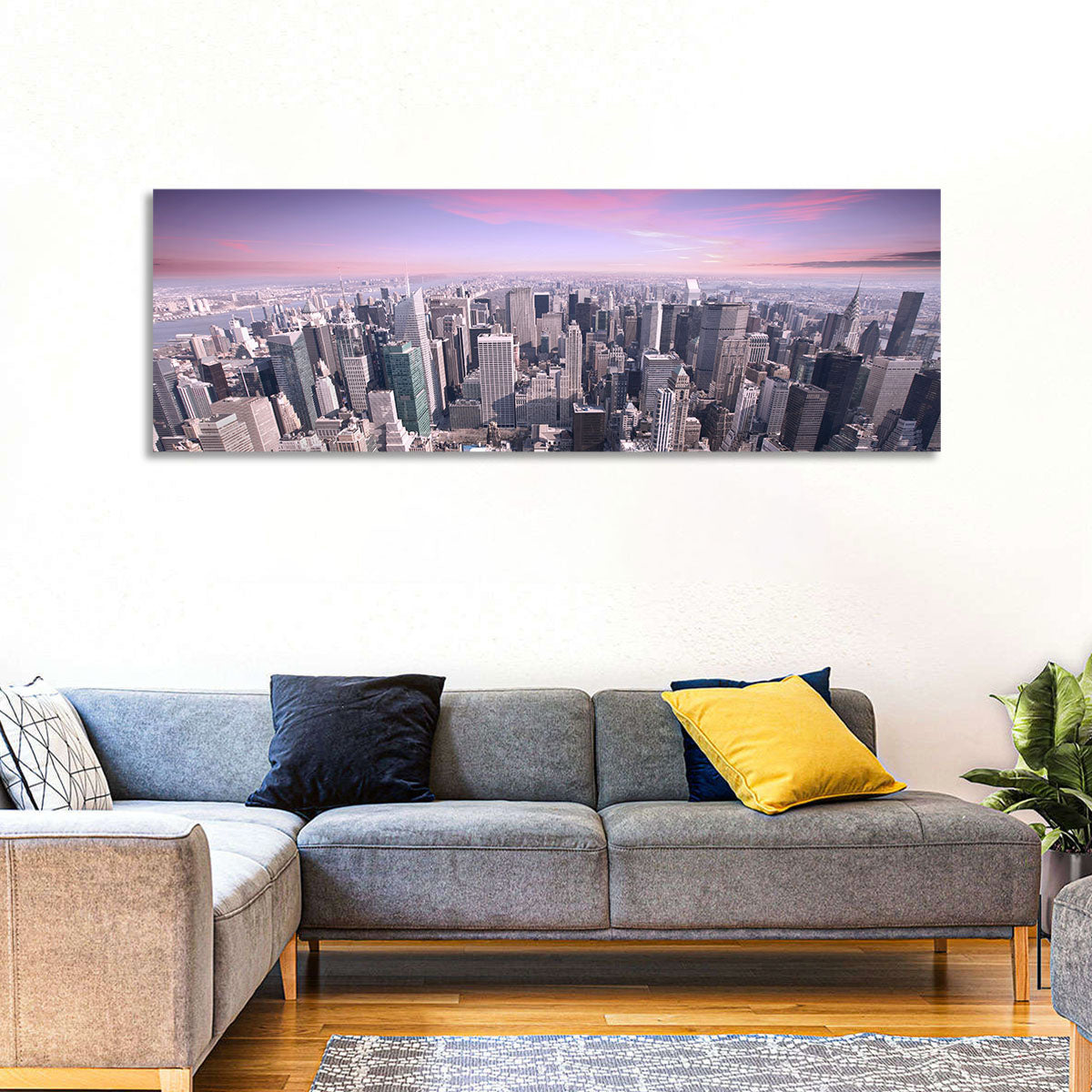 Midtown Manhattan Skyline in Purple Haze Wall Art in a room, panoramic