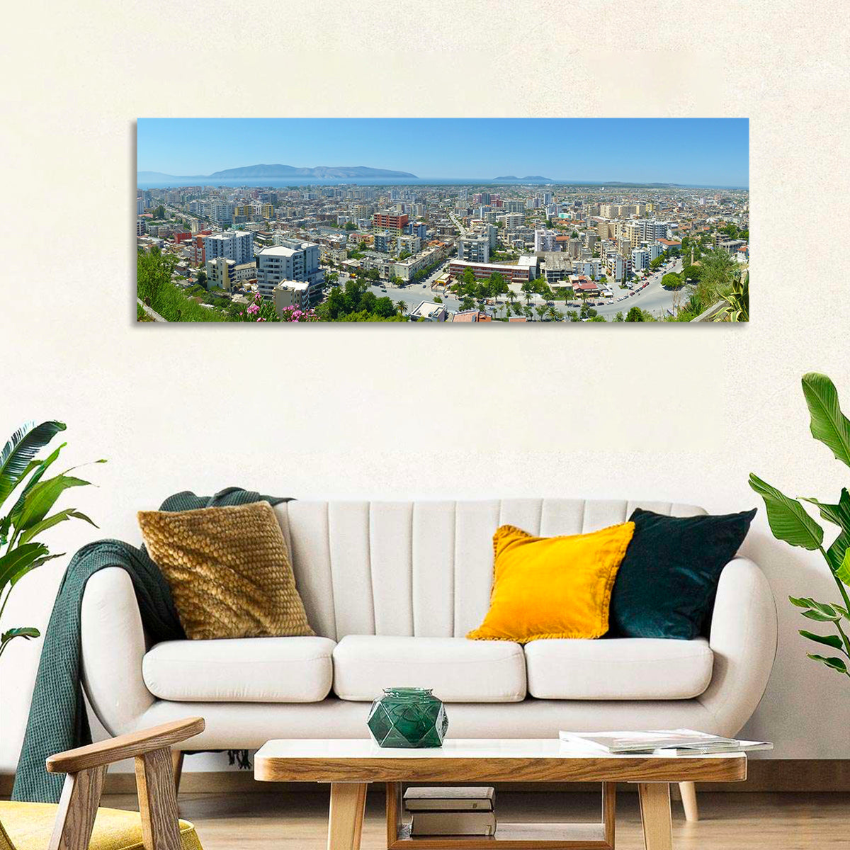 Vlore Coastal Cityscape Wall Art in a room, panoramic