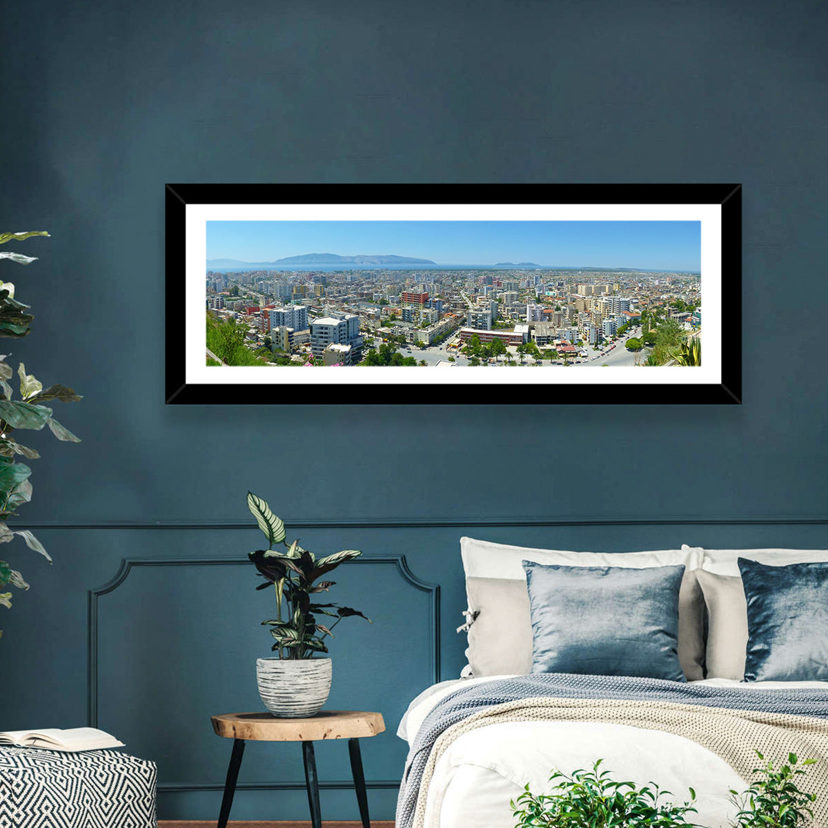 Vlore Coastal Cityscape Wall Art in a room, panoramic
