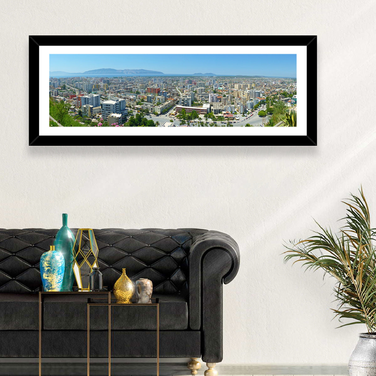 Vlore Coastal Cityscape Wall Art in a room, panoramic