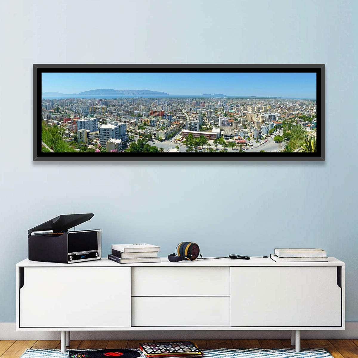 Vlore Coastal Cityscape Wall Art in a room, panoramic