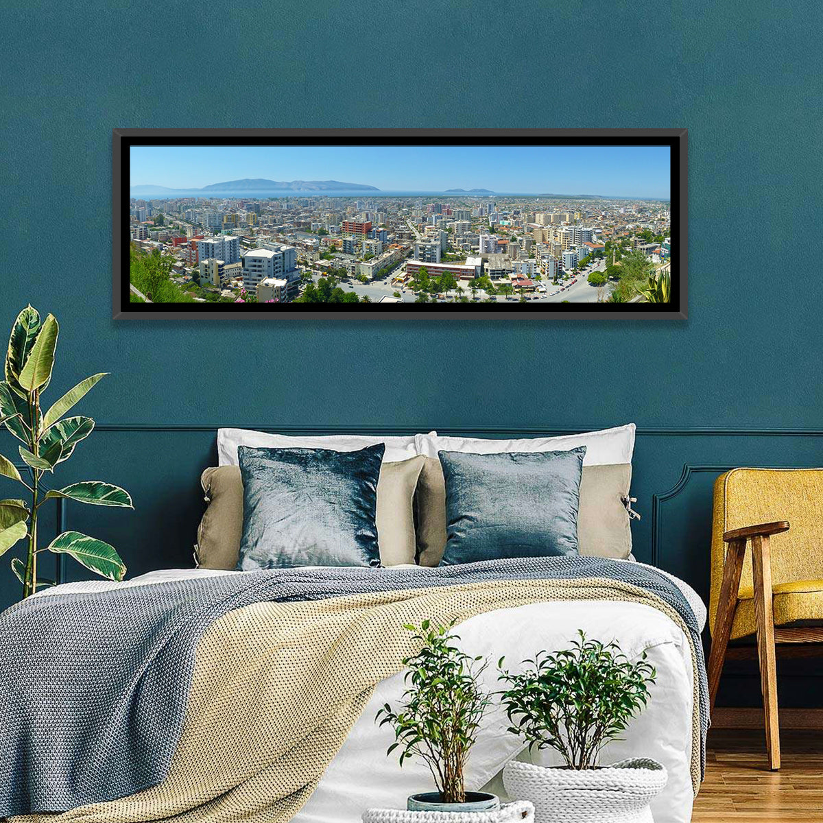 Vlore Coastal Cityscape Wall Art in a room, panoramic