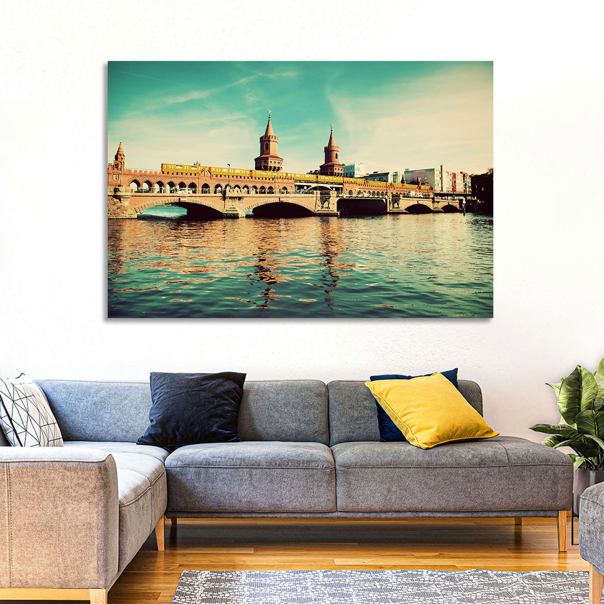 Oberbaum Bridge with Yellow Train Wall Art in a room, landscape