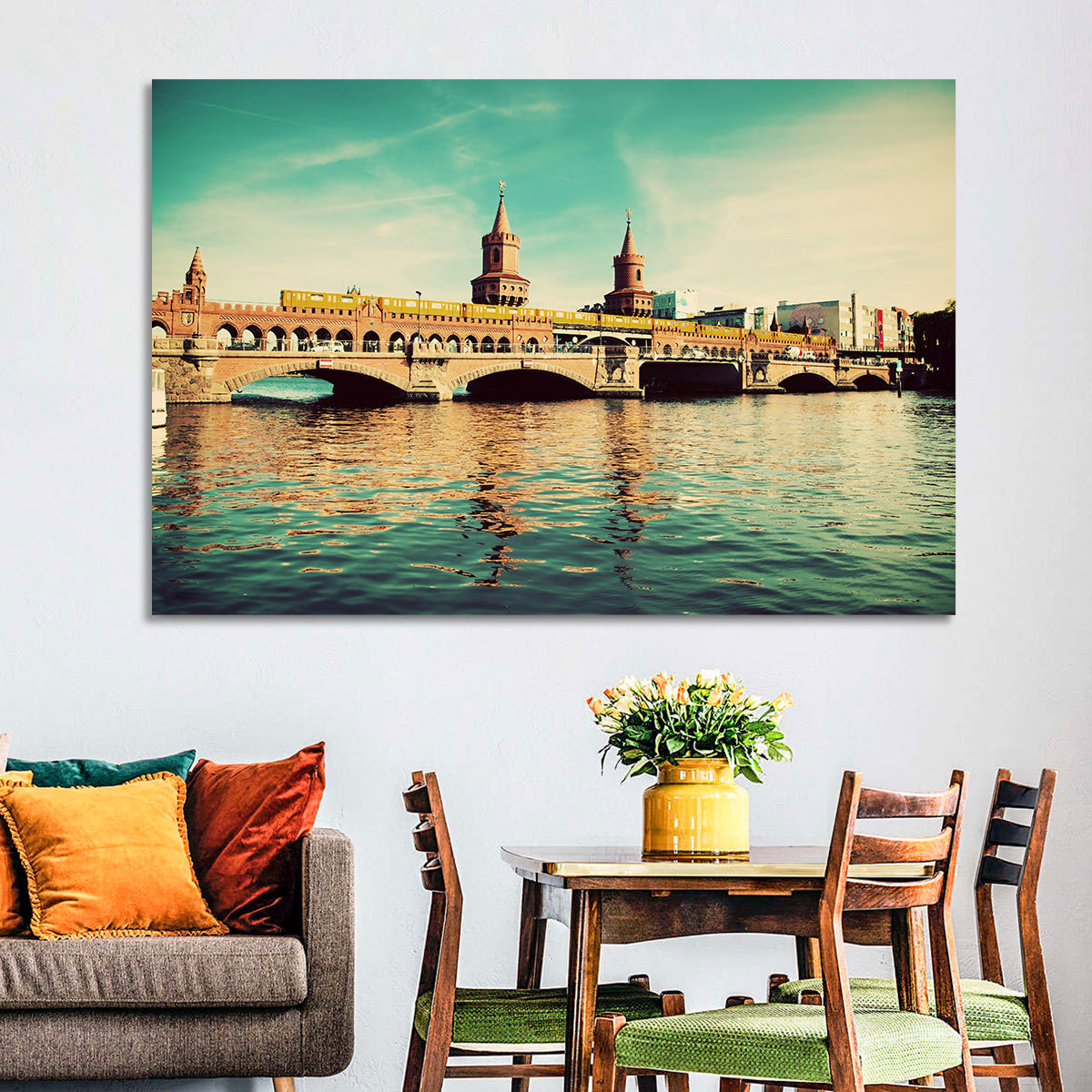 Oberbaum Bridge with Yellow Train Wall Art in a room, landscape