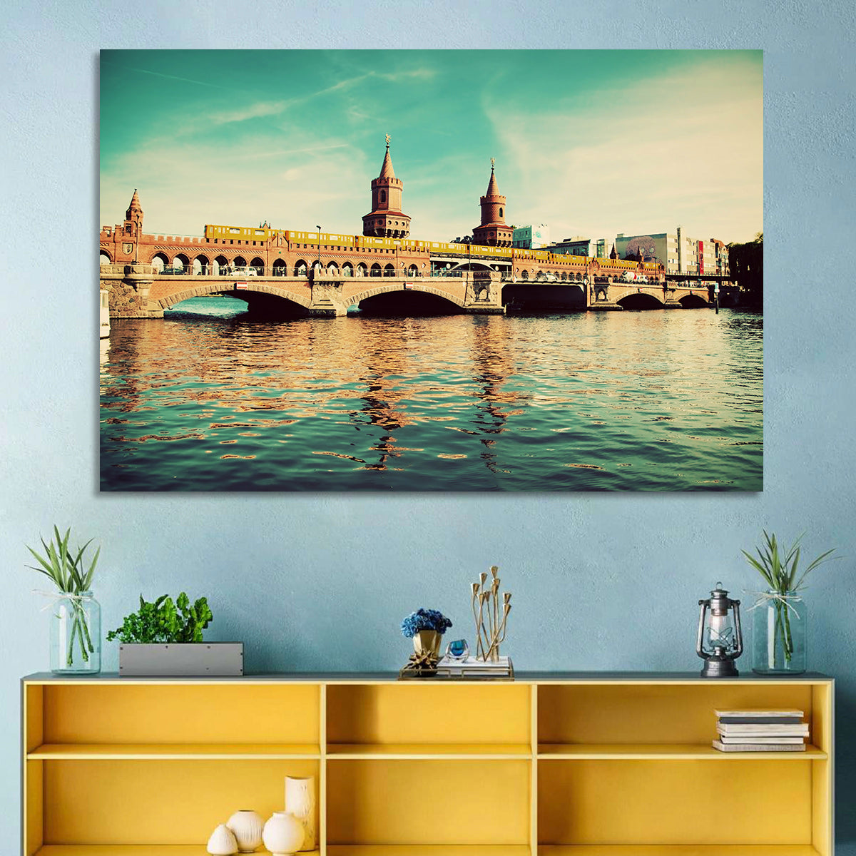 Oberbaum Bridge with Yellow Train Wall Art in a room, landscape