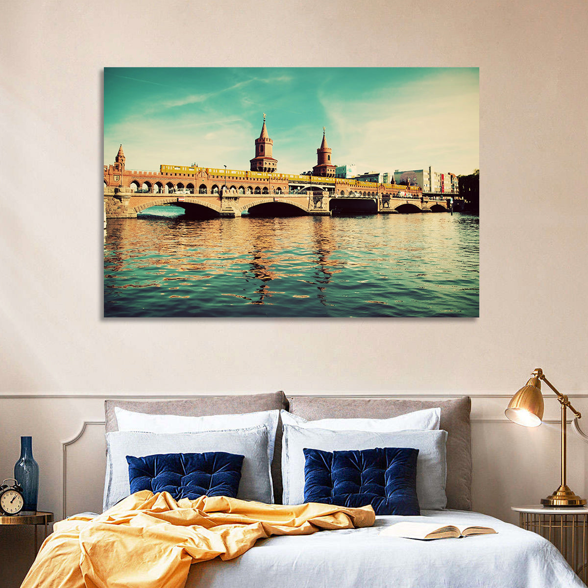 Oberbaum Bridge with Yellow Train Wall Art in a room, landscape